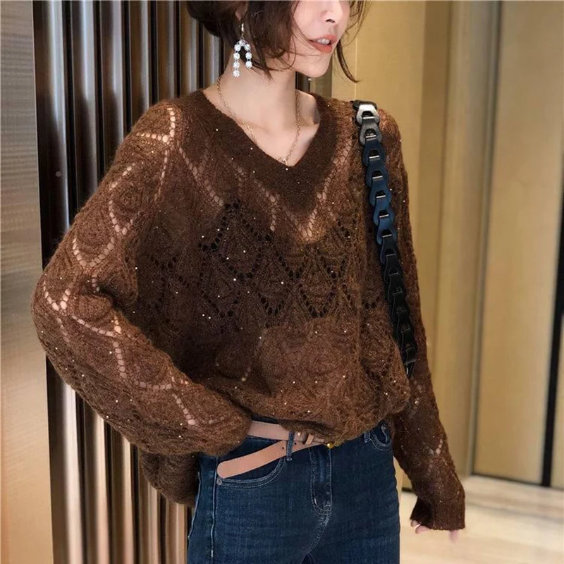 

Fashion V-Neck Solid Color Hollow Out Blouses Women's Clothing 2023 Autumn Winter Loose Knitted Commuter Pullovers Casual Shirts