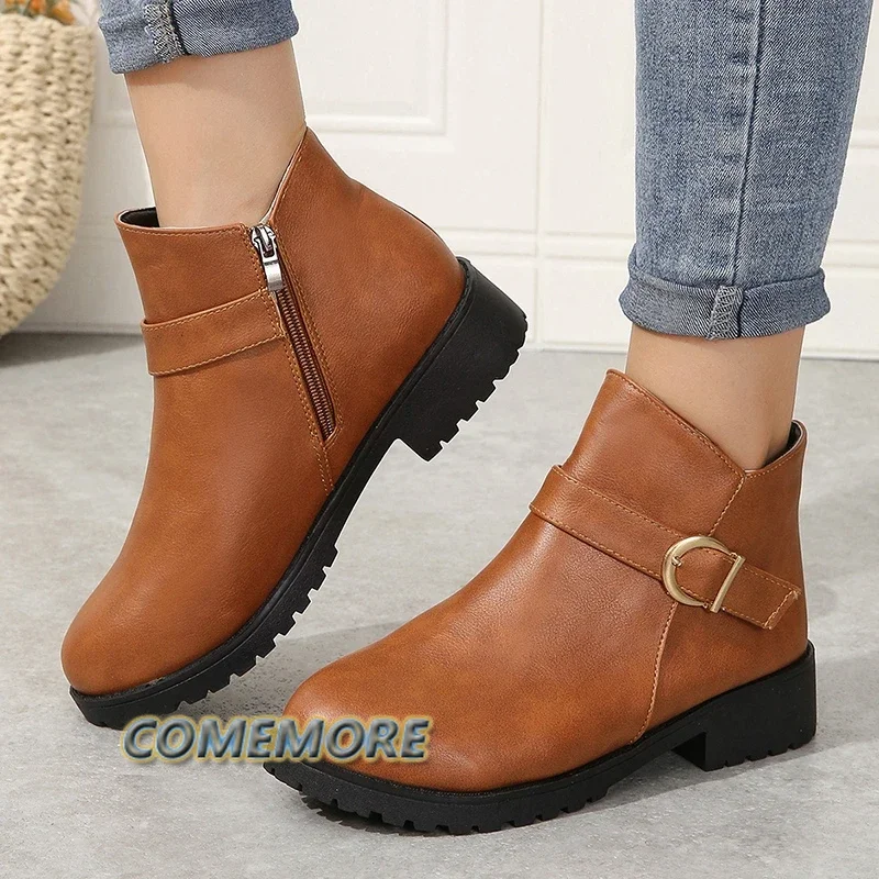 Ladies Shoes 2025 Trend Western Female Platform Round Toe Solid Color Ankle Boots PU Fall Boots Women's Autumn Winter Plus Size