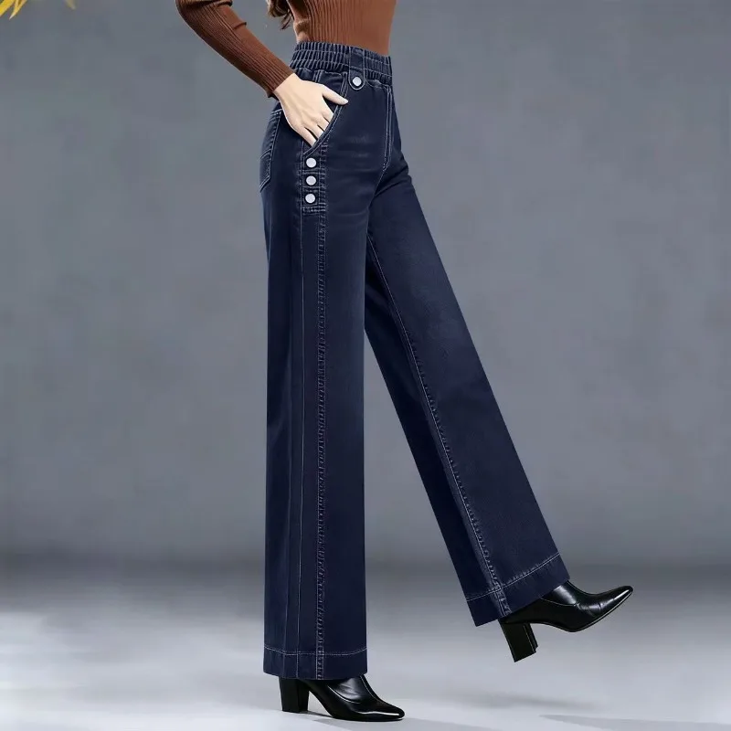 Women Elastic Waist Side Button Decor Wide Leg Jeans Mid Age Mom Loose Straight Denim Pants Spring Autumn Fleece Optional