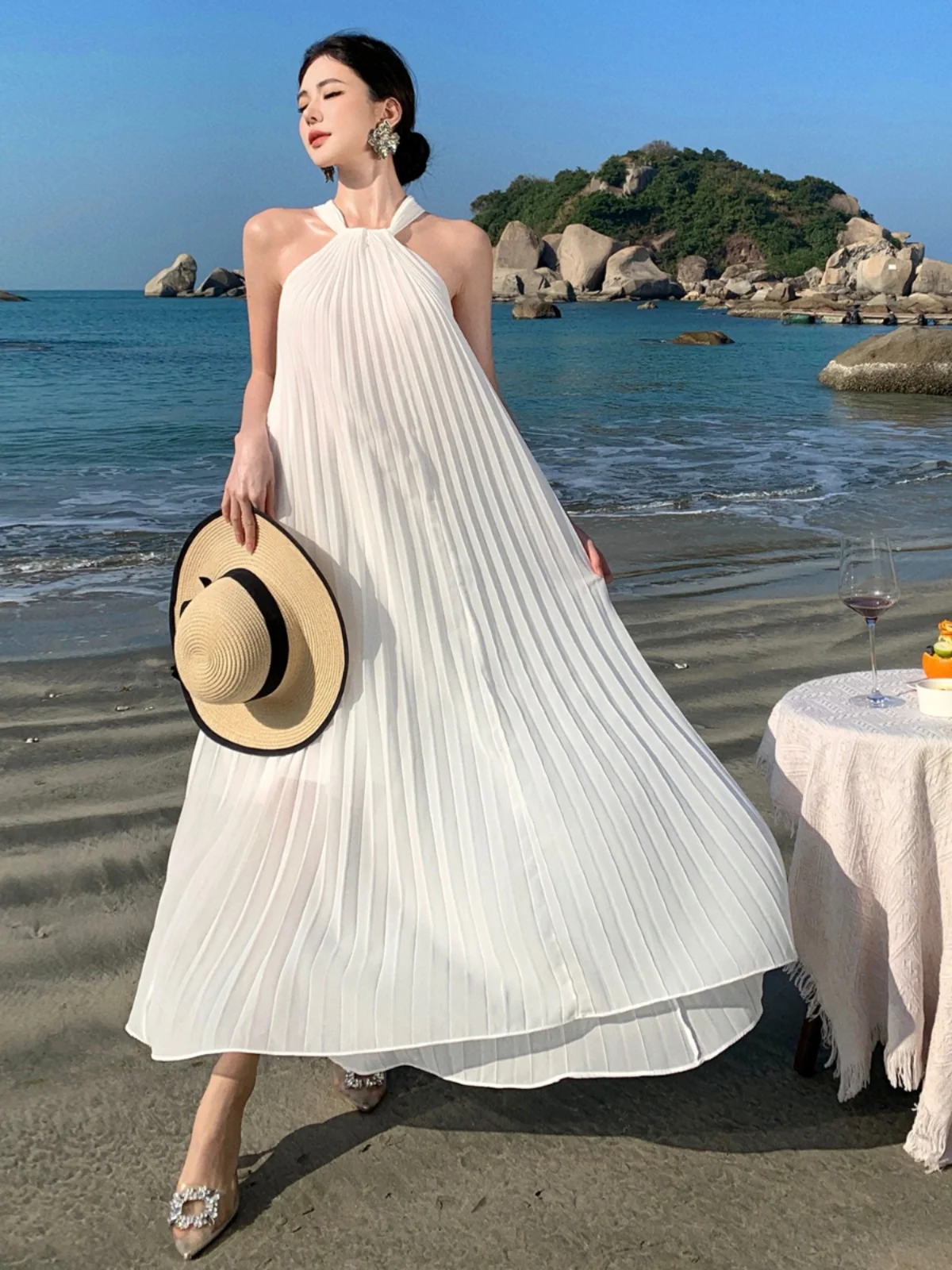 

Пляжная юбка Ele Beach Vaion Long Dr Sanya для дрифтинга по песку, с завязками на шее, белая, плиссированная, летняя, повседневная одежда