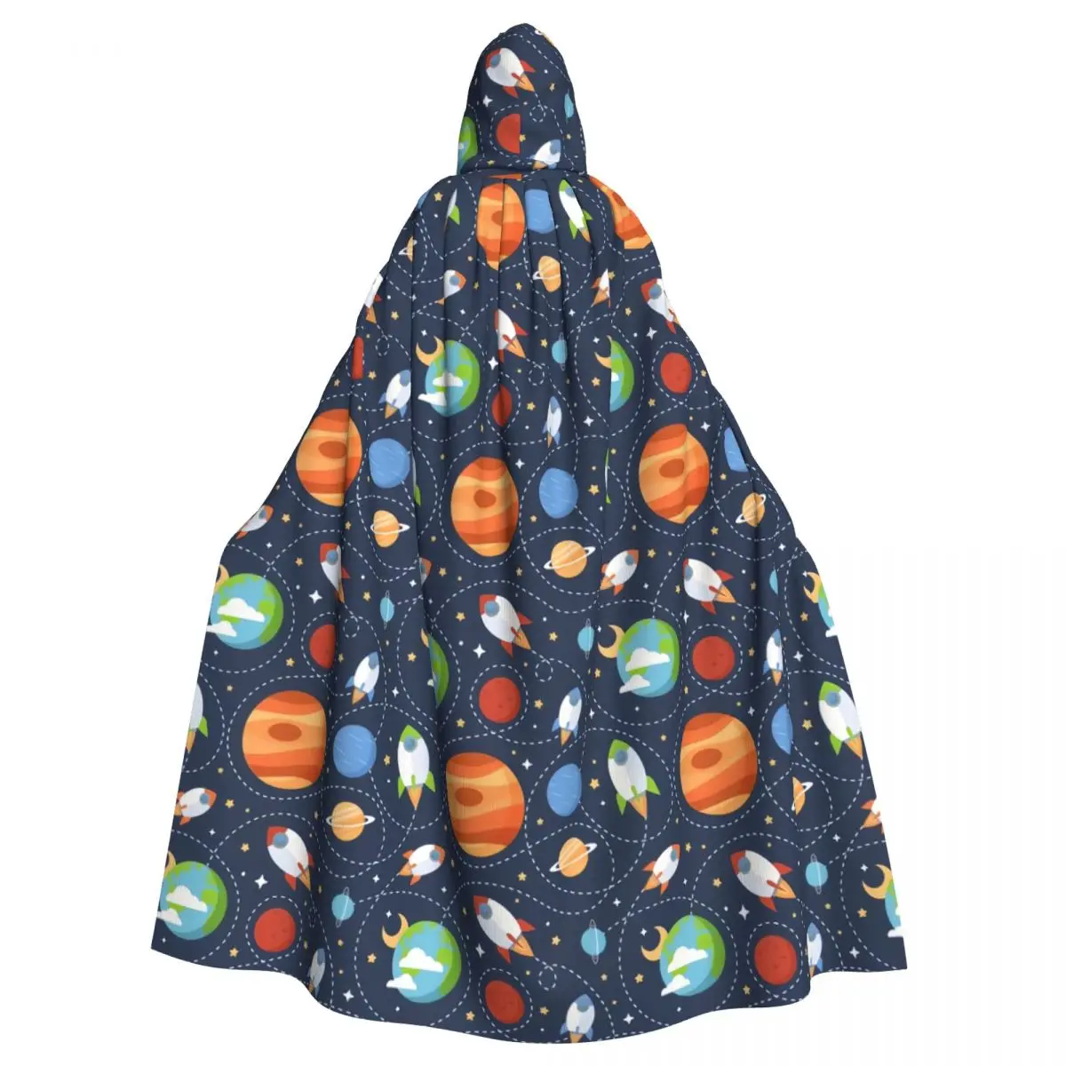 Cartoon Space Pattern With Rockets Planets Witch Cloak Hooded Cosplay Costume Halloween Adult Long Party Cape