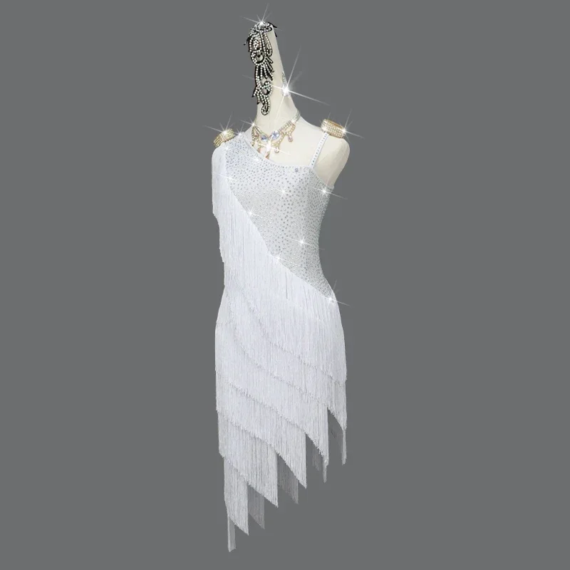 Latin Dance Dresses For Ladies White Fringe Skirt Women Stage Ballroom Compete Costumes Latin Dress