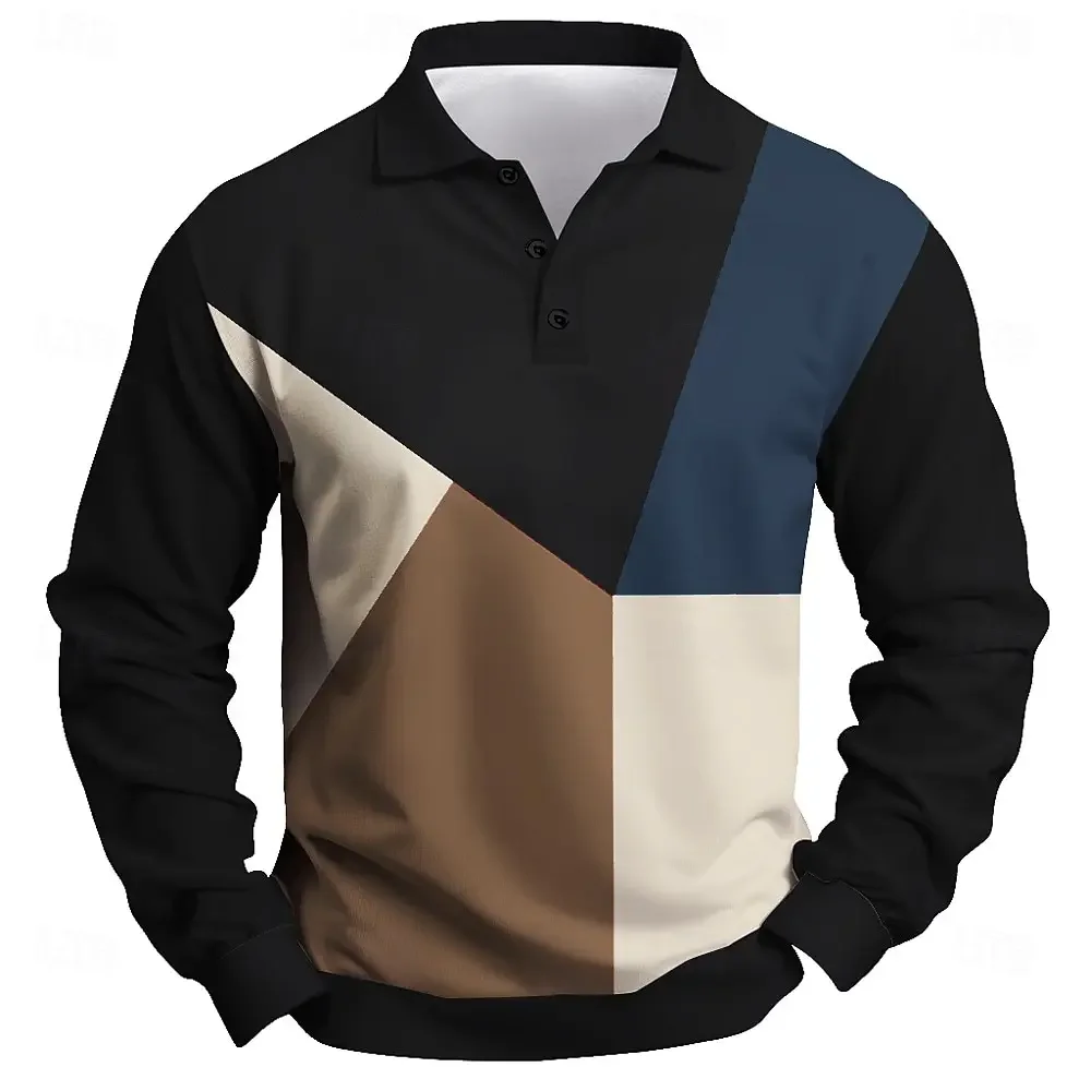 

New Fashion Color Blocking Men's Long Sleeve Polo Shirt Oversize Breathable Comfortable Lapel Button Casual Long Sleeve Clothing