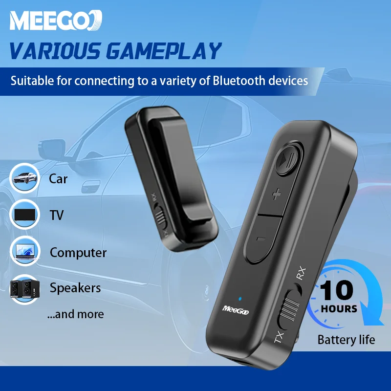 MeeGoo Bluetooth 5.3 Transmitter Receiver, 2-in-1 Audio Adapter, AAC/SBC, 10H Playtime, 3.5mm Jack, Type-C Charge, Black