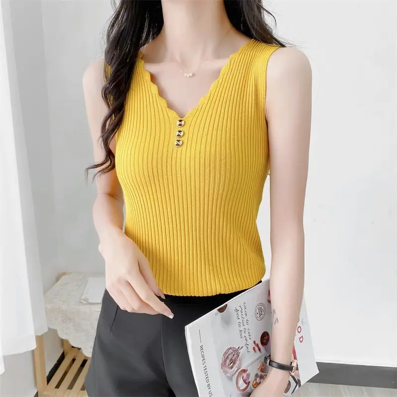 Ice Silk Small Sleeveless Vest for Women Wearing Outside Summer Loose Korean Short V-neck Knitted Bottoming Shirt Top