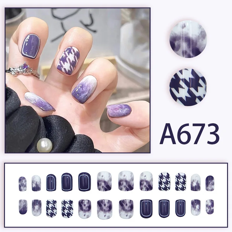 24pcs Purple False Nails with Glue Short Finger Nails Press on For Gluing Ready Girls Winter High Quality Cheap Wear Nail 2024