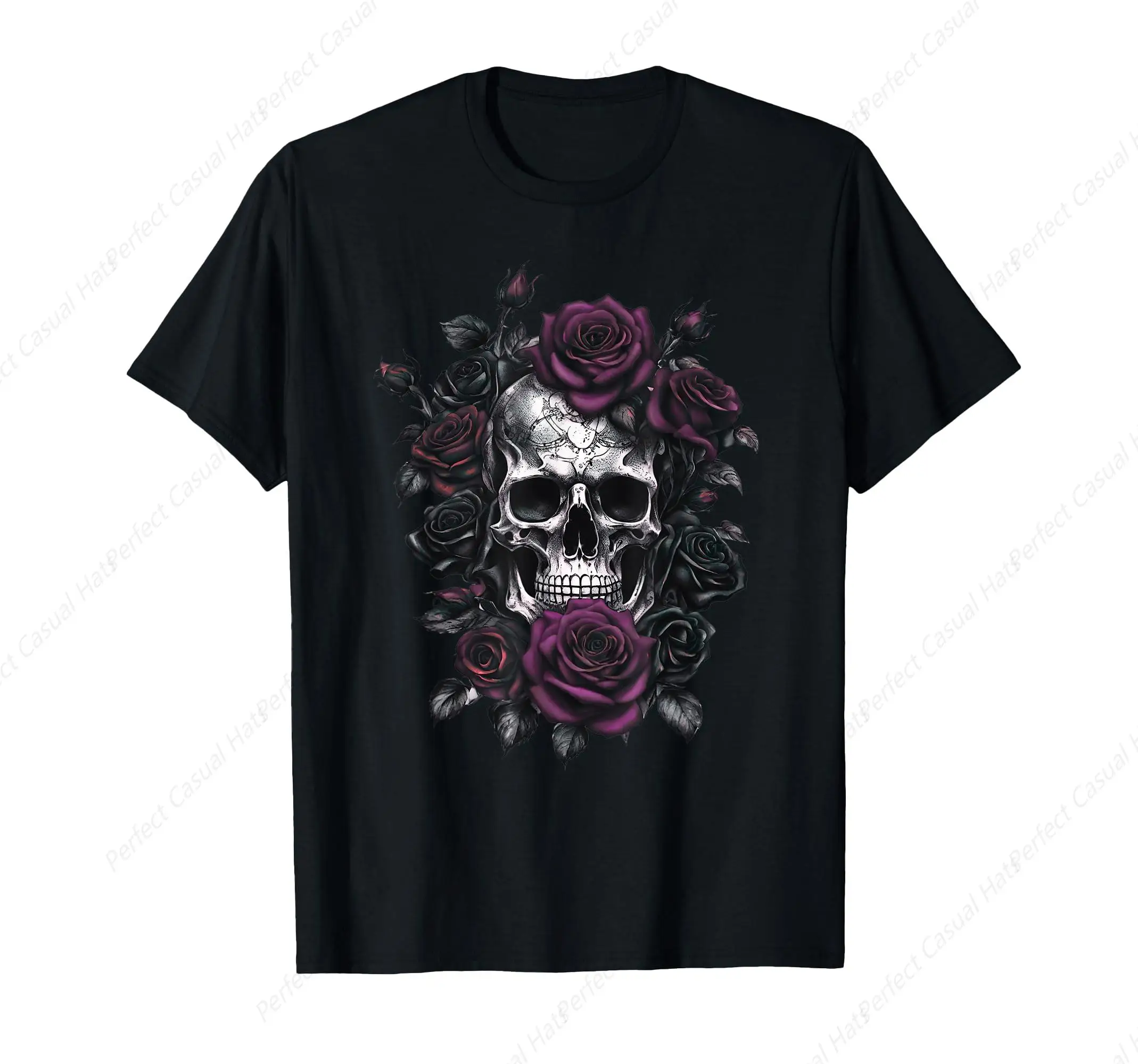 Skeleton Metalhead Skulls And Roses Metal Rock Retro Roses T-Shirt Casual Short Sleeve Personalized Cotton Top