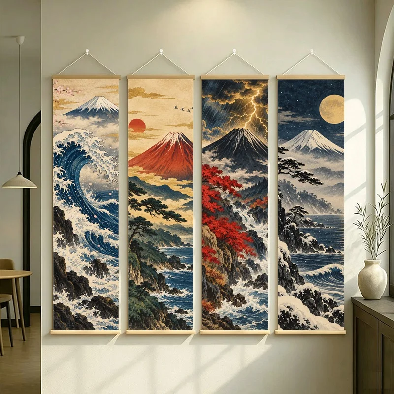 Japanese Coastal Wall Art with Great Wave, Mount Fuji, Red Sun and Moonlit Peaks on Silver Shimmer Canvas for Dining Room