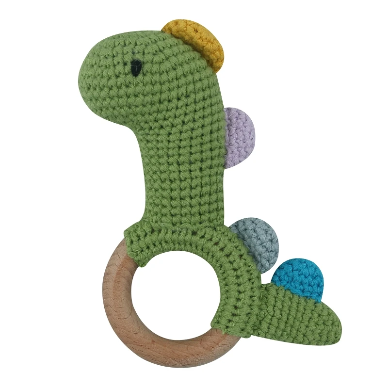 

Baby Wooden Teether Natural Teething Grasping Mobile Pram Crib Ring Dinosaur Crochet Rattle Soother Nursing