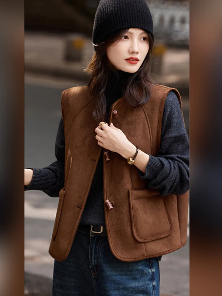 

Ретро-жилет из замши для женщин, с круглым вырезом, осенне-зимняя новинка, универсальная верхняя одежда для многослойных образов, женская куртка для повседневной носки