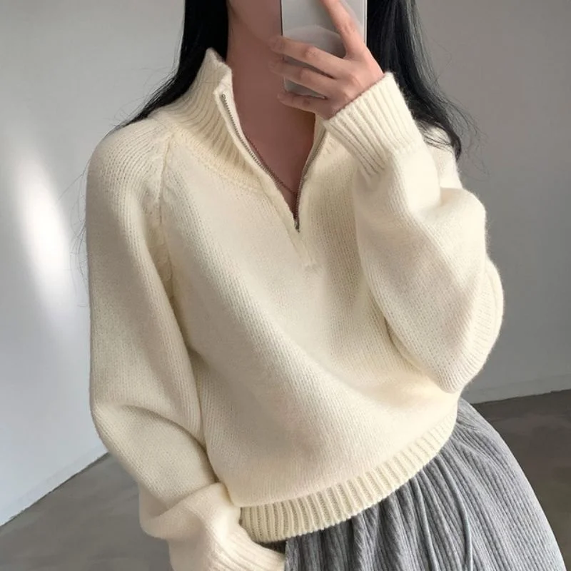 

Chic Design Pure Color Knitted Sweater Women's Loose Fit Autumn Winter f Zip Stand Collar Knitwear Versatile Casual Top