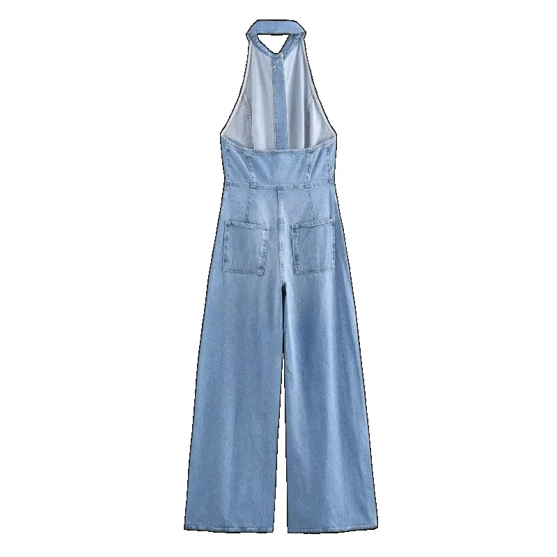 Summer French retro high-end hanging neck sleeveless suit collar cool and spicy straight leg denim jumpsuit