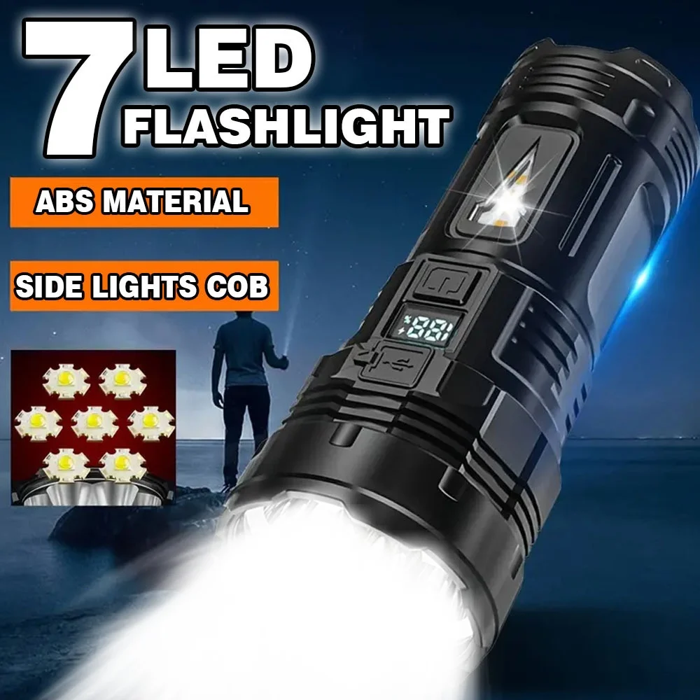 2024 New 7*LED Super Bright Flashlight Rechargeable Built-in Torch Tactical Lantern Outdoor Work Light Camping Fishing Light