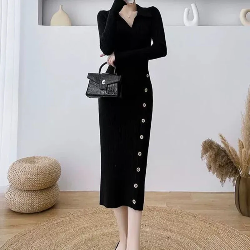 

2025 Woman Autumn Winter Slimming Sweater Dresses Fashion V-Neck Knitted Midi Dress Female Elegant Waist Cinched Bodycon Dress