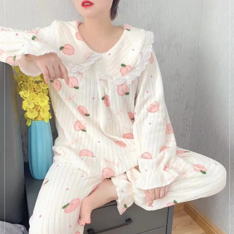 

cute pajamas suit Women autumn winter Women's Clothing Comfortable Sleepwear coral fleece thicken sweet Pajama homewear