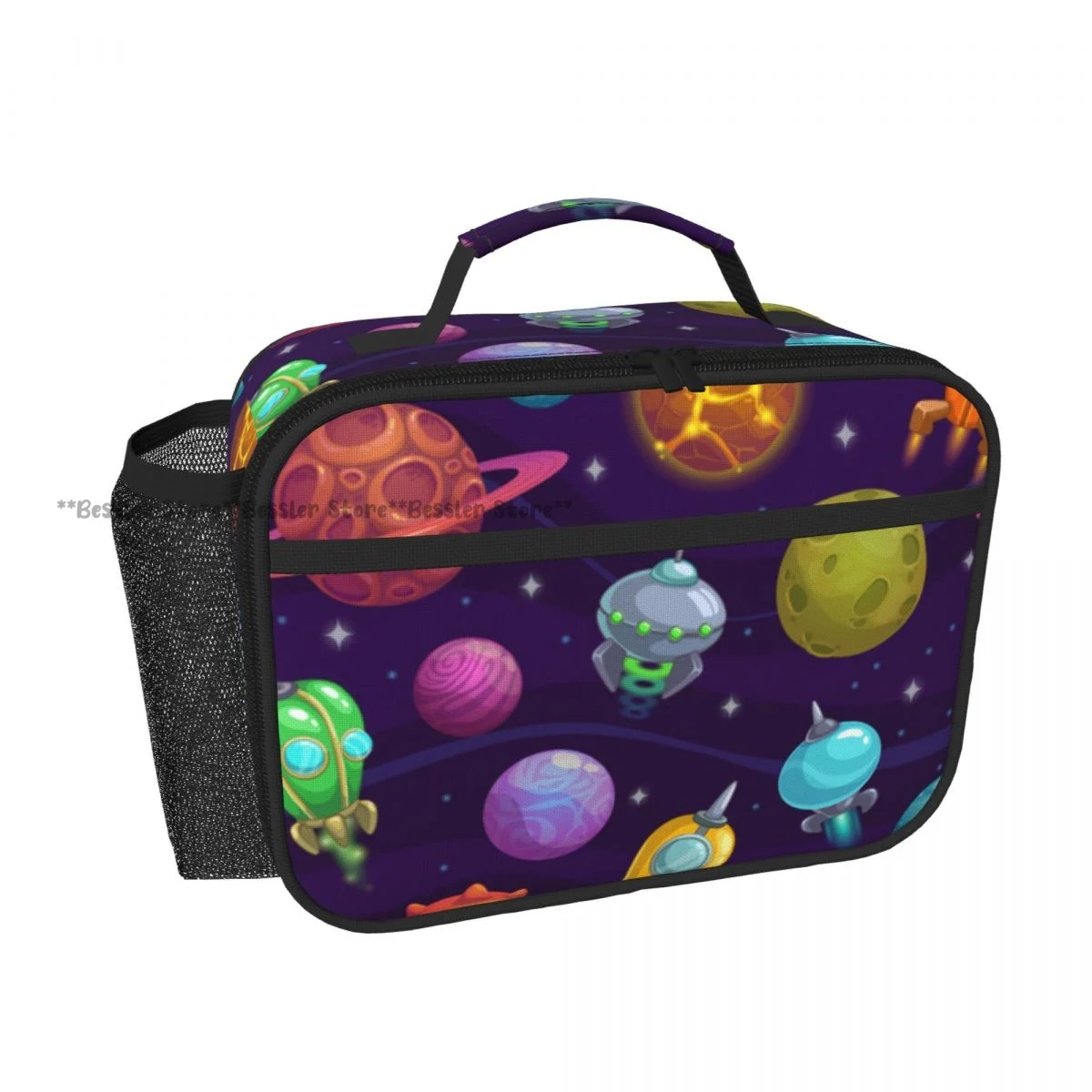 Handheld Thermal Lunch Bag Cartoon Planets And Space Ships Insulated Bento Carrier for Adults Students