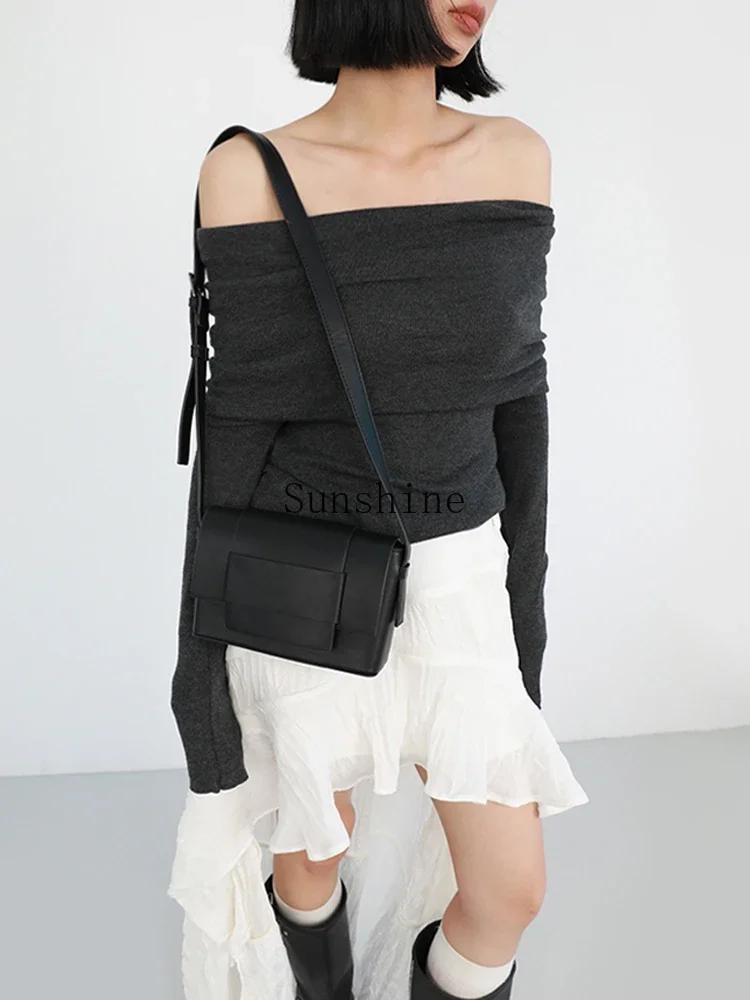 Woven messenger high-end black tofu square bag