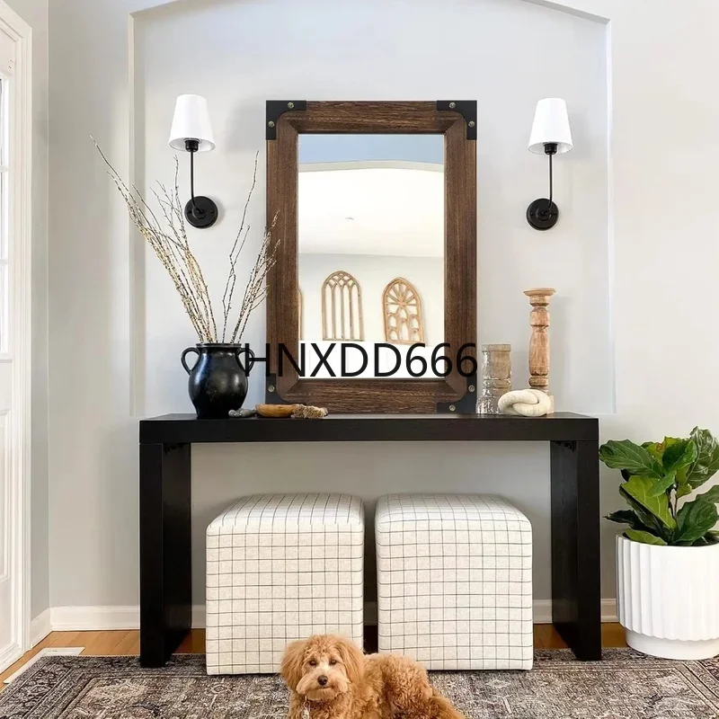 Rustic Wood Rectangular Wall Mirror with Frame, Decorative Mirror for Farmhouse Bathroom and Bedroom