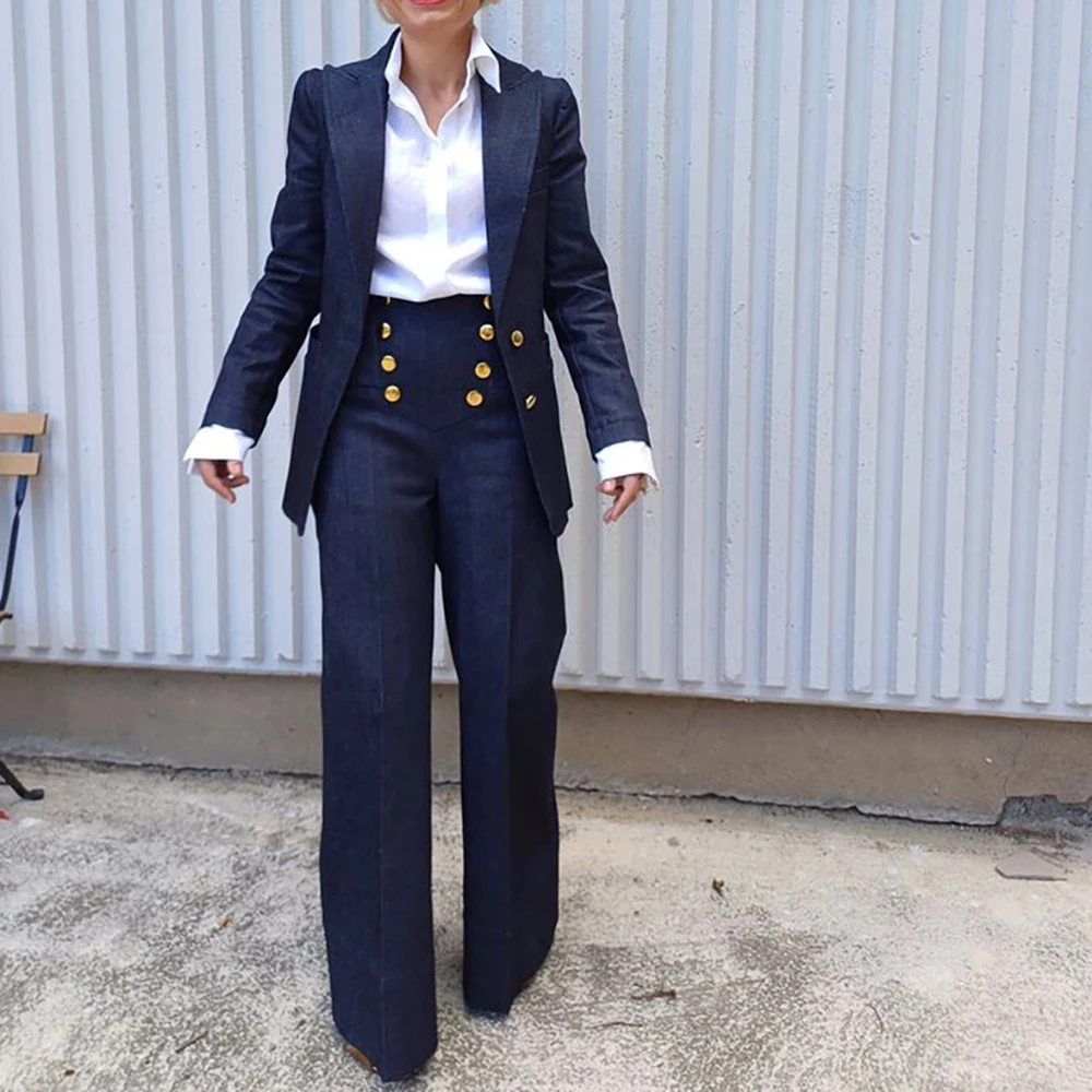 

Navy Blue Women Suit Customized Single-breasted Peaked Lapel Denim Two Pieces(Blazer+Pants) Casual Daily Set for Shopping&Office