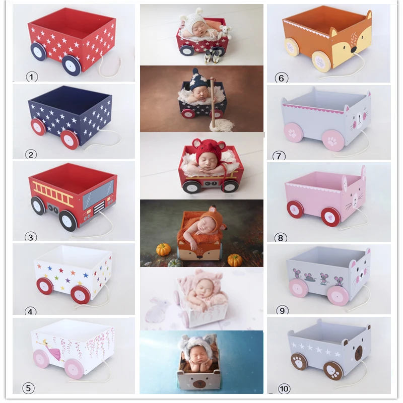 Newborn Photography Accessories Wood Posing Bucket Basket Car Bus with Wheel Poser for Baby Photoshoot Photo Shooting Props