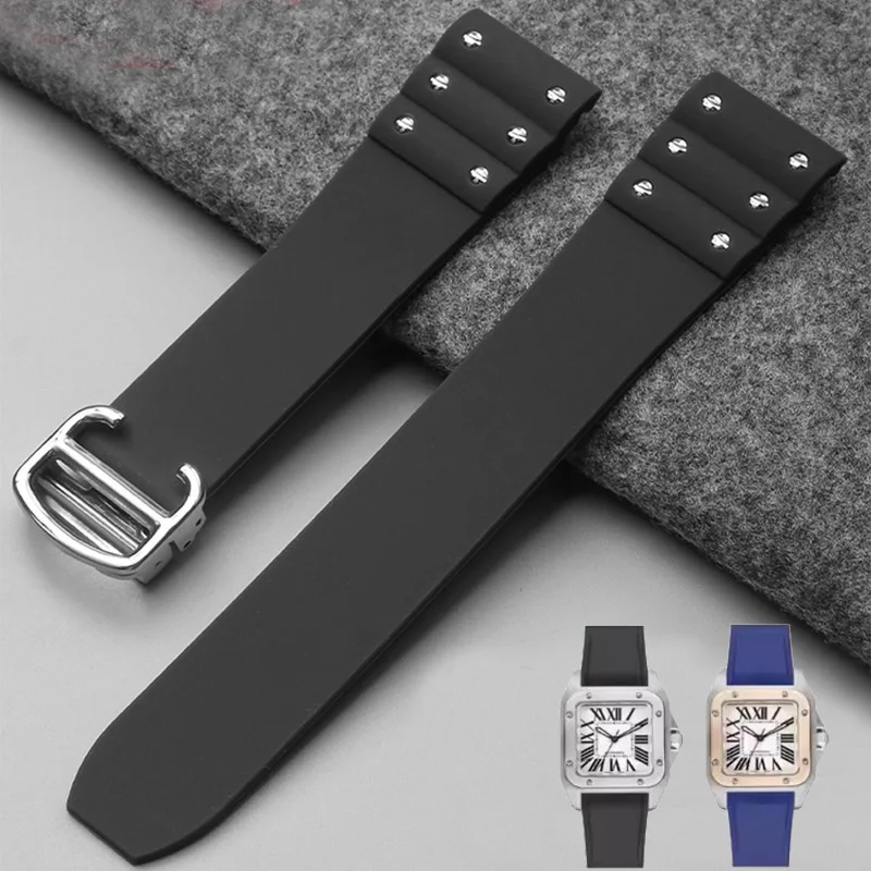 Rubber watchband For Cartier Santos watch strap 21mm Silicone bracelet Folding buckle Black Blue Wristband watch strap