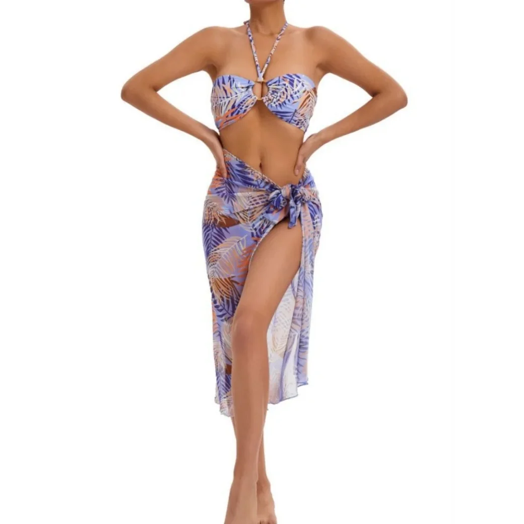 Sexy Halter 3pcs Bright Hollow Bikini Swimsuit - Maple Leaf Pattern Top And Cover-Up Swimwear Set for Women