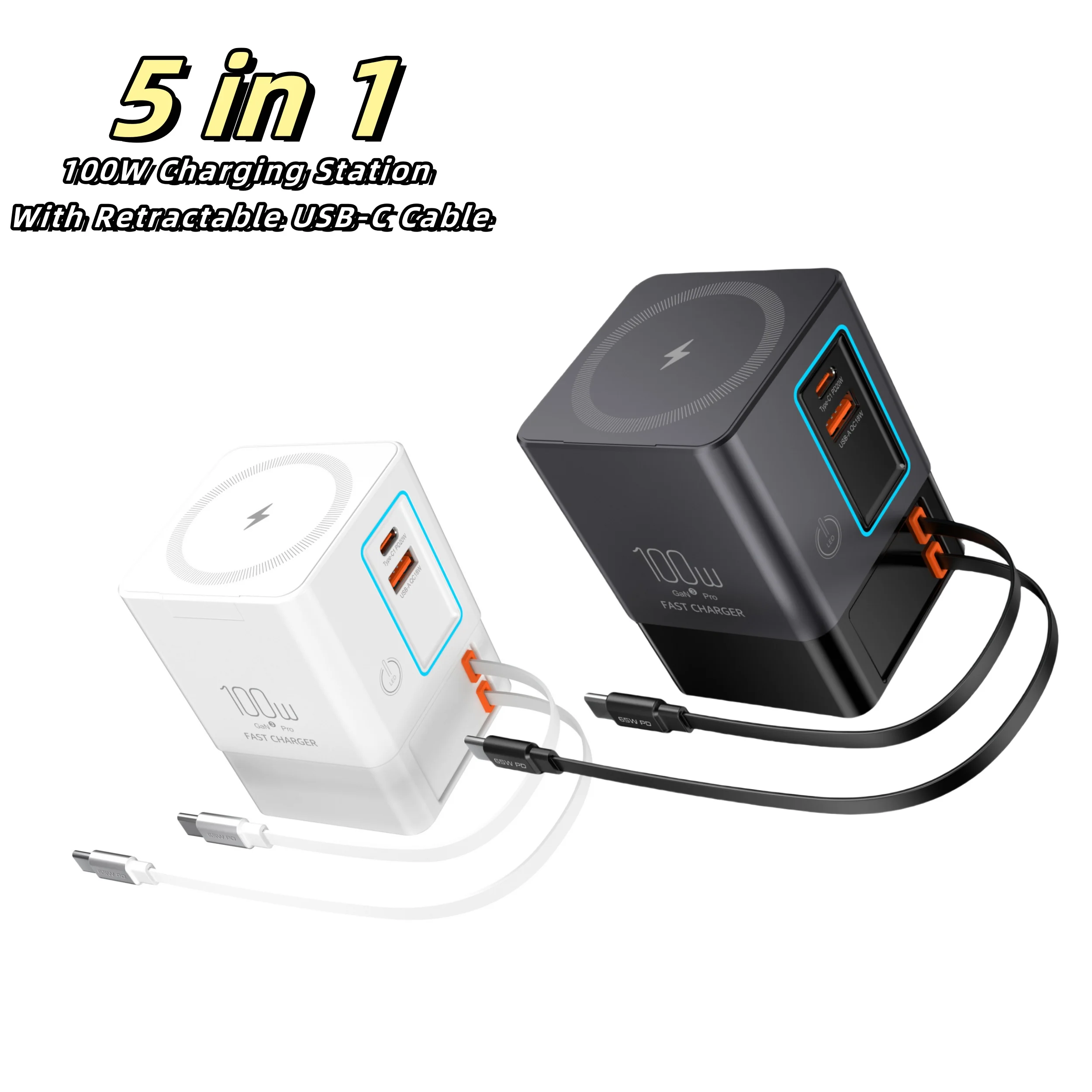 

5 in 1 100W Charging Station With Retractable USB-C Cable Power Combo 15W Wireless Charging for Multiple Devices Phone iPad