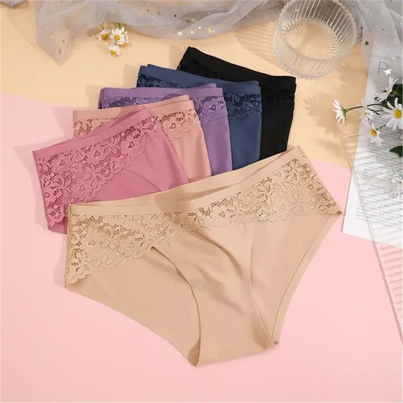Invisible Panty Line Lace Accent Ladies Briefs Moisture Wicking Fabric Triangle Cut Design Seamlessly Panties for Daily 6XDA