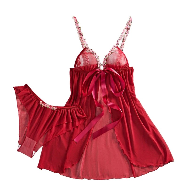 

Сексуальный комплект женского белья: кружевная ночная сорочка с V-образным вырезом, сетчатыми вставками и разрезом