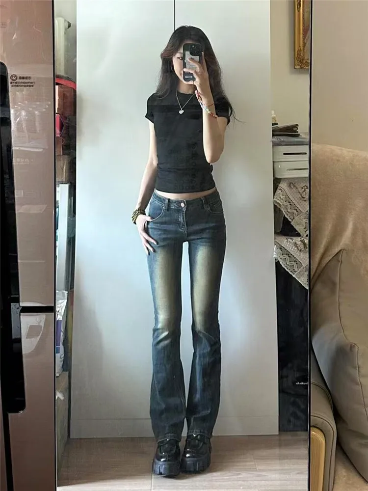 

Extended American Retro Low Waist Bell Bottom Jeans Women's Spring Autumn Slimming Wear Resistant Long Leggings Deep Blue