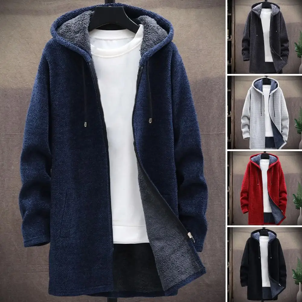 2024 Winter New Fashion Solid Color Long Hooded Sweater Men's Casual Loose Plus Fleece Thick Warm High Quality Knitwear Coat ﻿