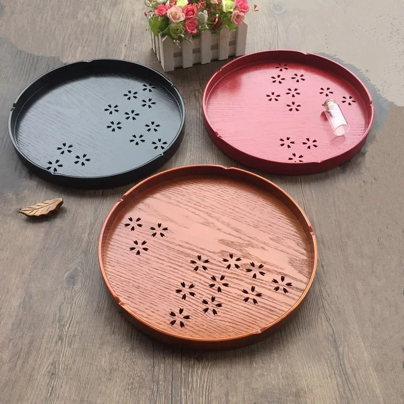 Japanese wood sakura hollow circular tray European cherry blossom fruit dish round plate wooden breakfast pallet tableware