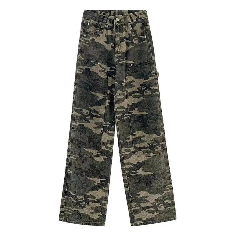 

Spring and Autumn European Style Retro Cargo Camouflage Jeans Female Spice Girl High Waist Straight Leg Loose Casual Wide Leg