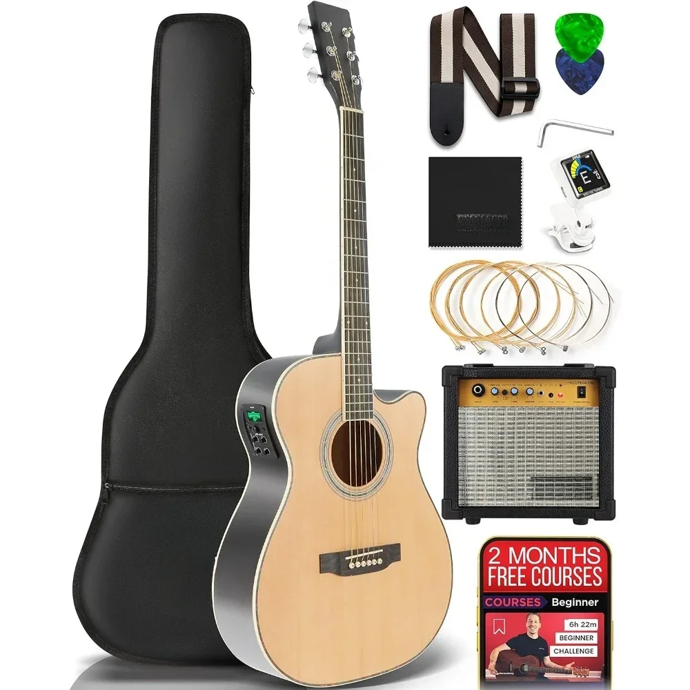 Cutaway Acoustic Electric Guitar and Amp Kit, 4/4 Scale Spruce Wood Steel String Instrument w/ Practice Amplifier, 41