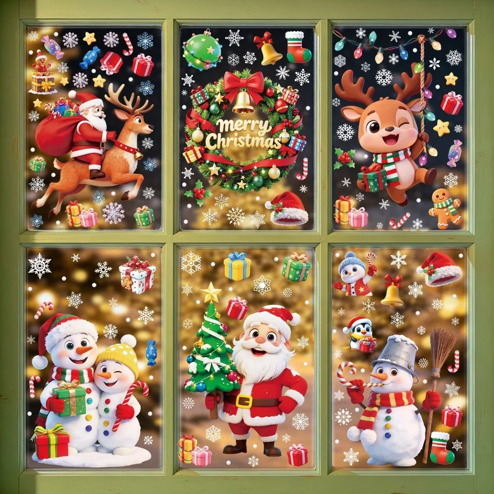 Christmas Static Window Stickers Santa Reindeer Snowman Snowflake Xmas Glass Decals Removable Christmas Home Window Decor Clings