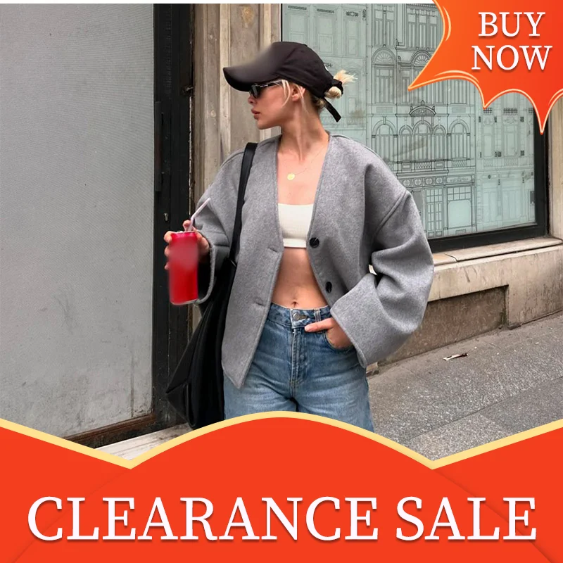 Women Fashion Grey V Neck Loose Warm Jackets Autumn Retro Button Long Sleeve Coat With Pockets Lady Casual High Street Outerwear