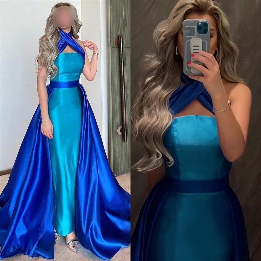 Vestido de noche de satén con escote Halter para graduación, traje de noche con pliegues, exquisito