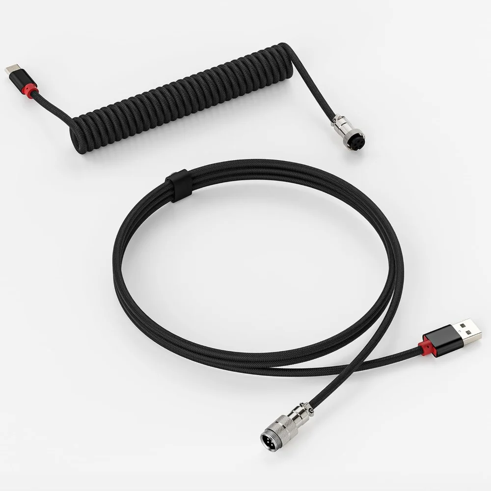 1.8m  / 70 inch USB C Coiled Keyboard Cable, Double-Sleeved Keyboard Wire with Detachable Metal Aviator Braided  Nylon Wire.