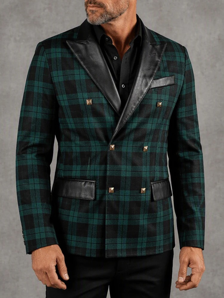 Men's High Quality Classic Green Plaid Blazer Faux Leather Peak Lapel Slim Fit Party Nightclub Suit Jacket for Casual Business