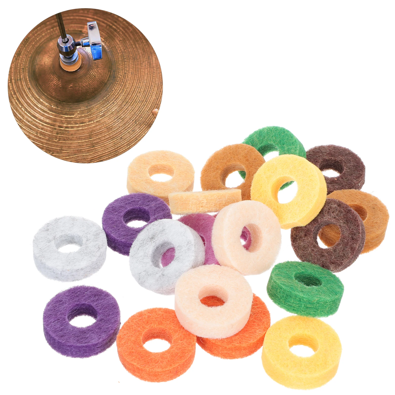 

20 Pcs Colorful Cymbal Hair Pad Crash Cymbals Drum Felt Has Fittings Protective Ring Kit