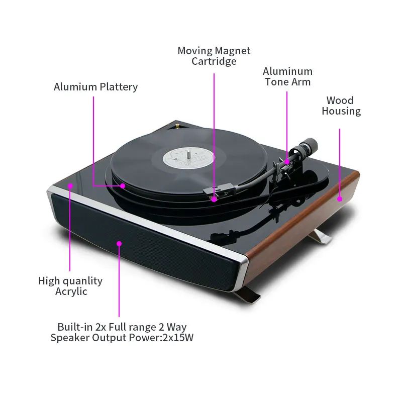 High Tech Bt Subwoofer Speaker FM Radio Turntable Cartridge Vinyl Record Turntable Player