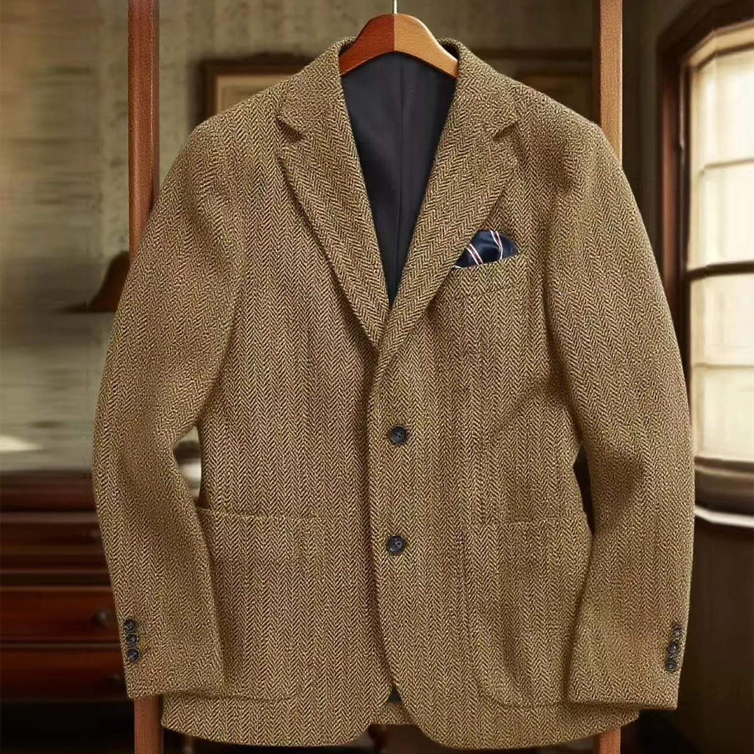 

Navy Blue Herringbone Men's Suits Blazer Single Breasted Suit Jacket Formal Fashion Notch Lapel Coat for Wedding Business Casual