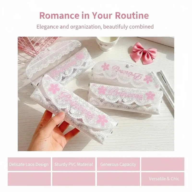 Y2K Retro White Lace Bow Print Clear Pencil Case Daily Study Transparent Stationery Bag Pen Case Multi Functional Makeup Bag