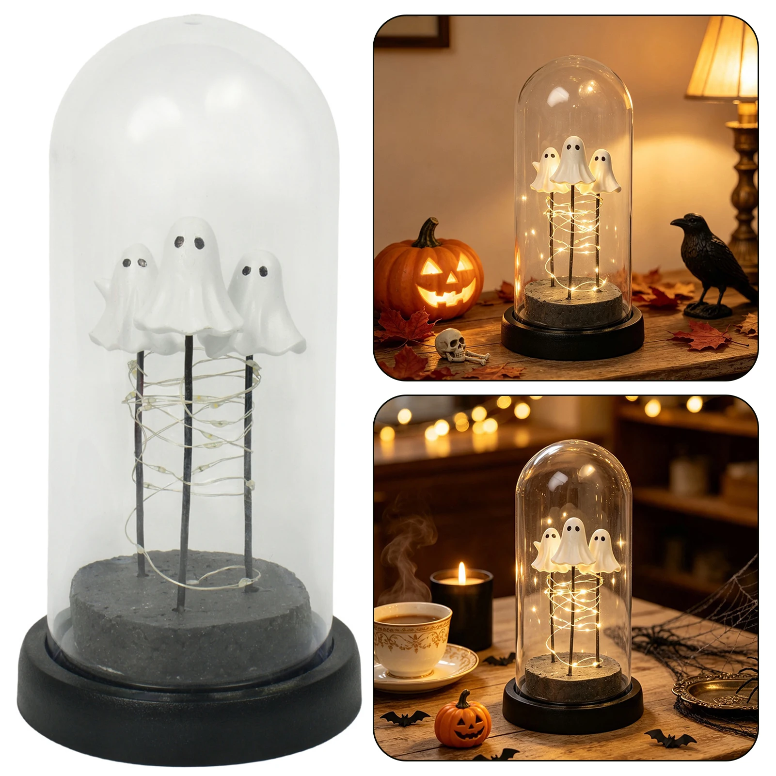 Transparent Dome Glowing Ghosts Bell Jar Halloween LED Lights Up Ghosts Tabletop Decoration Light Spooky-Vibe Spookys Decor