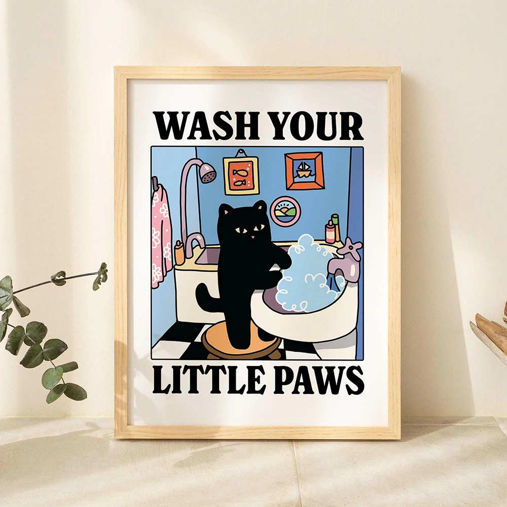 Wash Your Paws Cat Canvas Painting Cute Bathroom Poster Kawaii Print Wash Room Washing Up Wall Art Pictures for Home Decoration