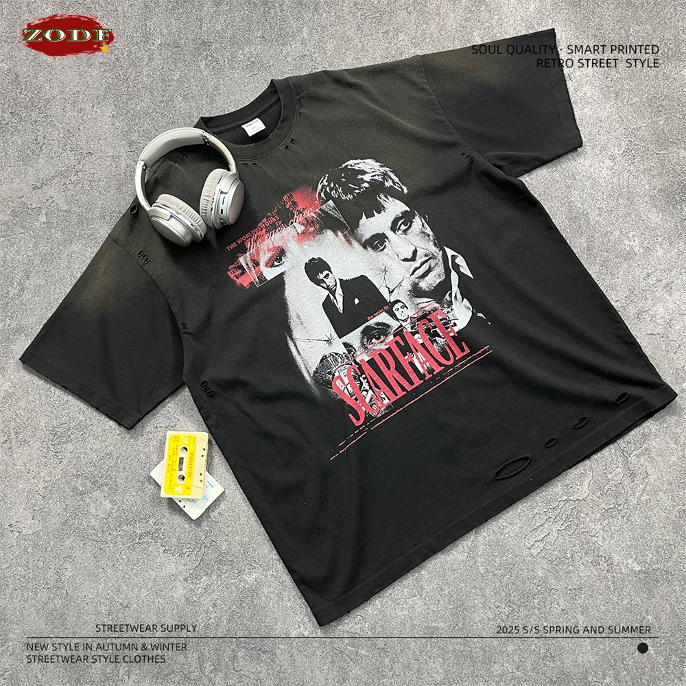 ZODF 2025 Summer Men 250gsm Black Washed Cotton T Shirts Unisex Broken Holes Printing Distressed T-Shirt Brand Tops HY0509