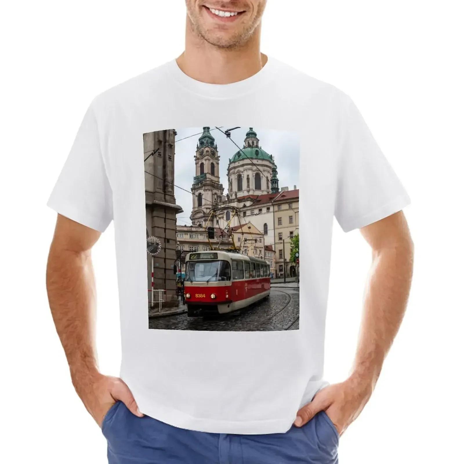 

Tram in the streets of Prague T-shirt anime summer clothes black t shirts for men