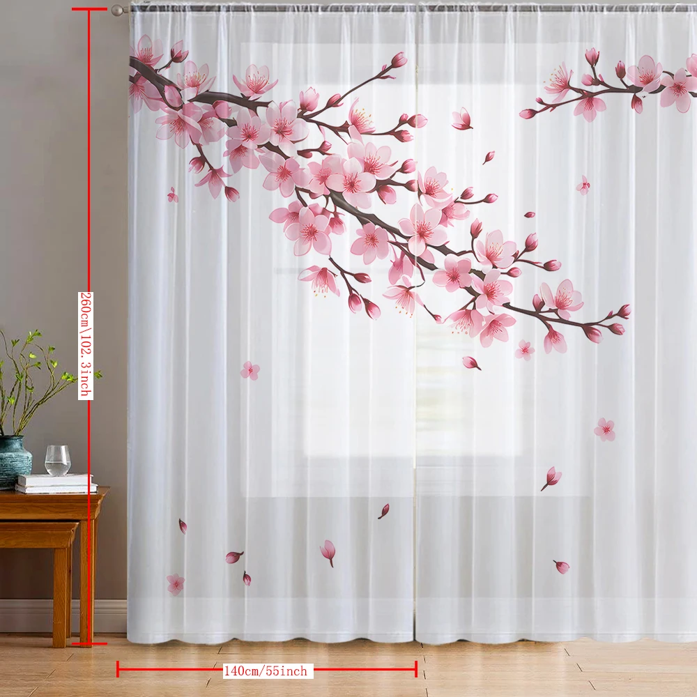 2PCS Home decoration peach blossom printed window screens with pole bags, suitable for kitchens, cafes, and living rooms