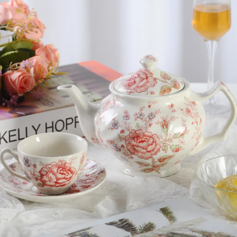 European style ceramic underglaze color pastoral English rose coffee sugar milk jar tea set