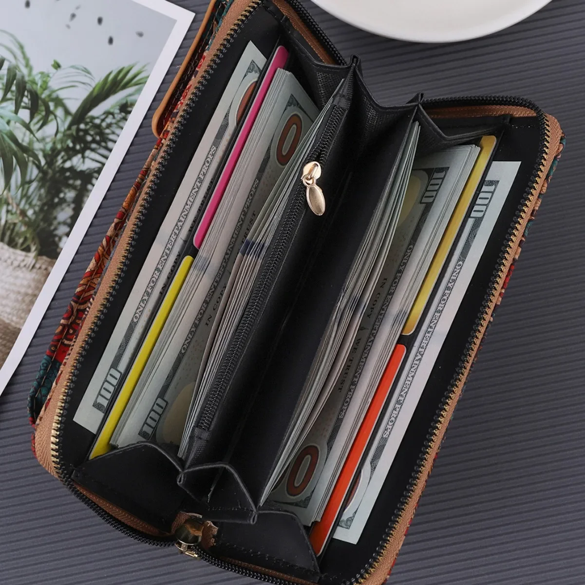 Multifunctional Large Capacity Wood Grain Mobile Phone Bag Versatile Coin Purse New Fashionable Retro Bohemian Style Wallet